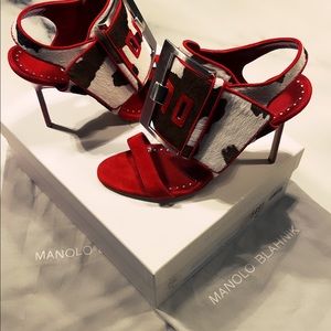 Manolo Blahnik MARTAMUCCO Red Suede and Cow Print Buckle Detail Sandals 38.5